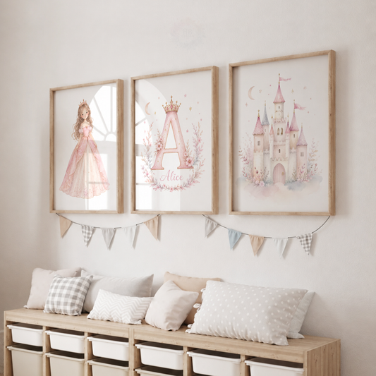 Personalised Princess Castle Prints – Set of 3 Pink Watercolour Nursery Wall Art