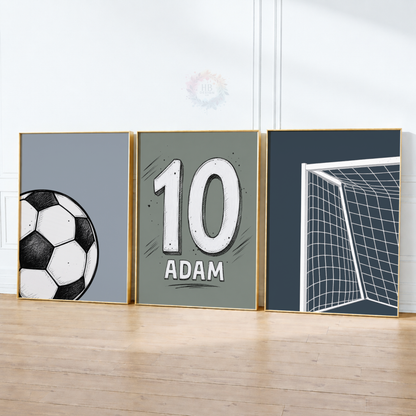Personalised Football Wall Art Set – Custom Name & Number Soccer Prints for Boys Bedroom
