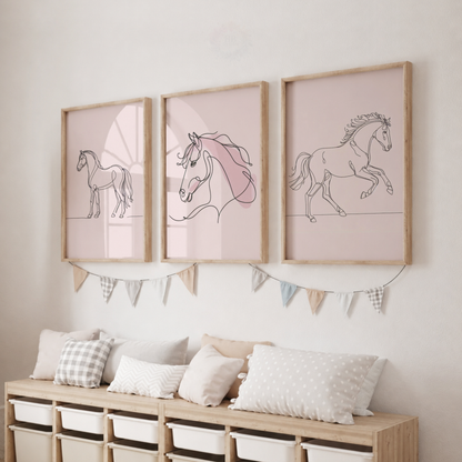 Pink Horse Line Art Print Set – Minimalist Equestrian Wall Art