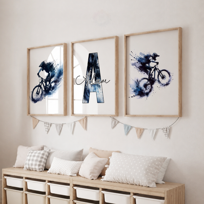 Personalised Mountain Biking Watercolor Wall Art Set – Blue MTB Cyclist & Name Prints