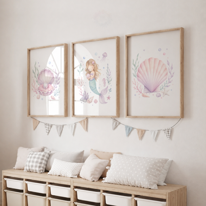 Mermaid Nursery Prints – Seashell, Pearl & Under the Sea Wall Art Set