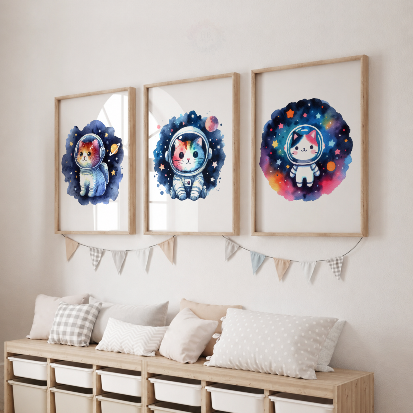 Watercolor Cat Astronaut Nursery Prints Set – Space Kitty Wall Art