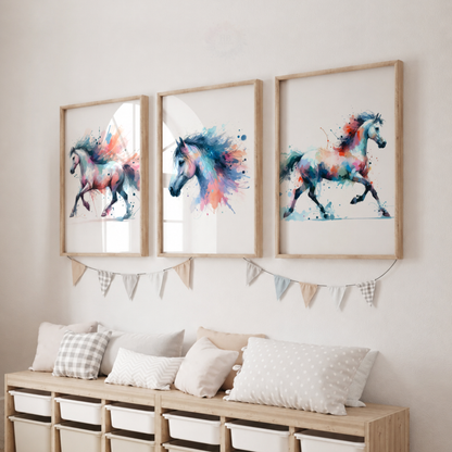 Colourful Horse Wall Art Set – Watercolour Equestrian Prints for Girls