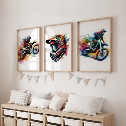 Motocross Watercolor Wall Art Set – Colourful Dirt Bike Rider & Helmet Sports Prints