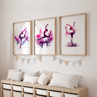Pink & Purple Gymnastics Wall Art Set – Watercolour Gymnast Prints for Girls’ Bedroom