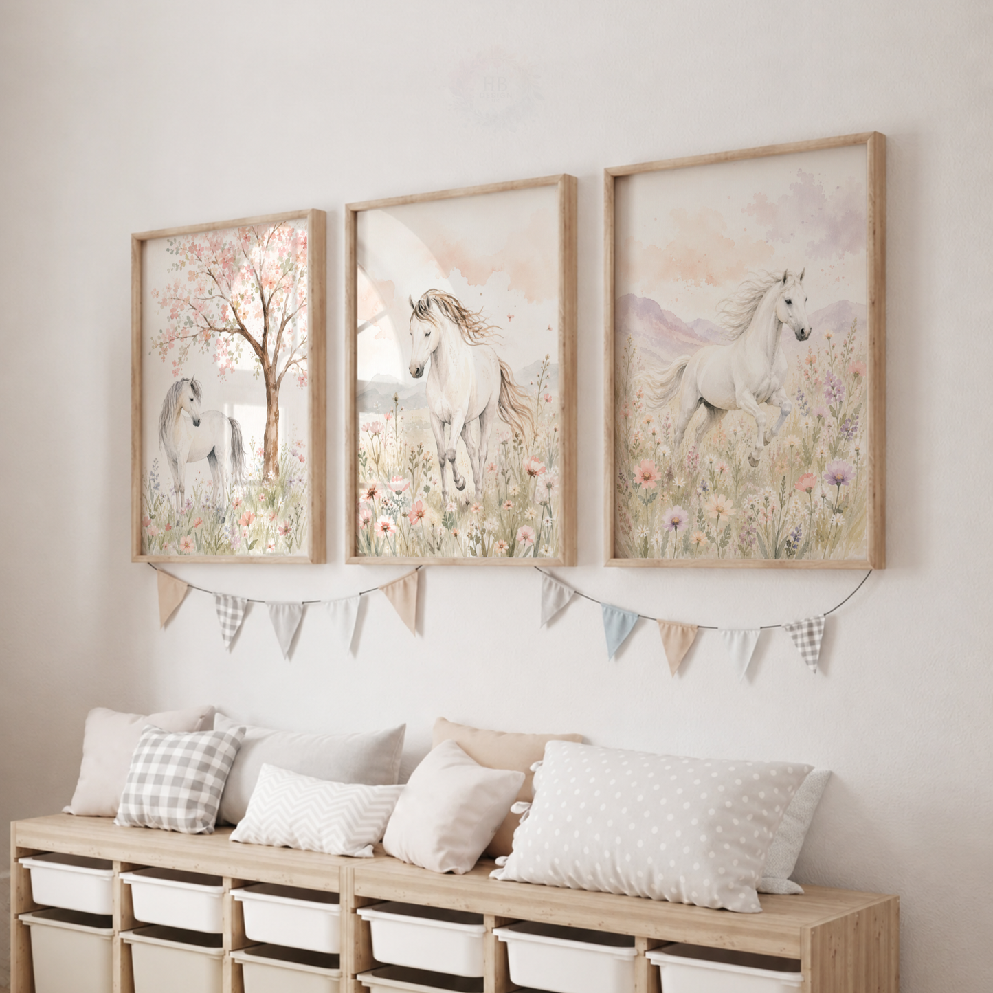 Pastel Horse Meadow Wall Art Set – Watercolour Equestrian Nursery Prints