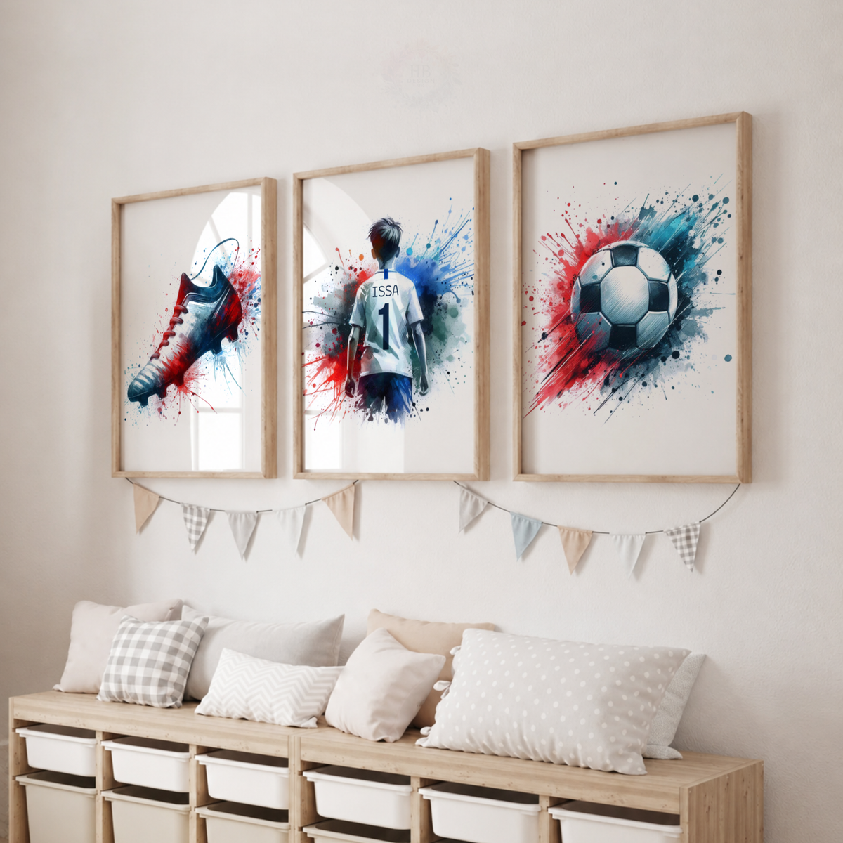 Personalized Soccer Boy Wall Art Set – Custom Name & Number Football Watercolor Prints