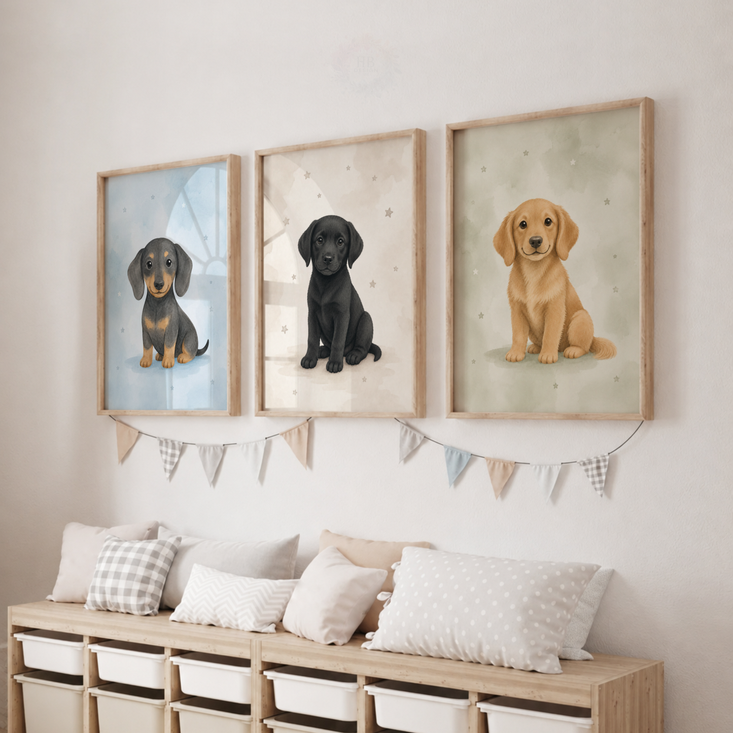 Puppy Nursery Prints – Set of 3 Dachshund, Labrador & Golden Retriever Wall Art
