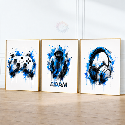 Personalised Blue Gamer Wall Art Set – Gaming Controller, Gamer & Headphones Prints