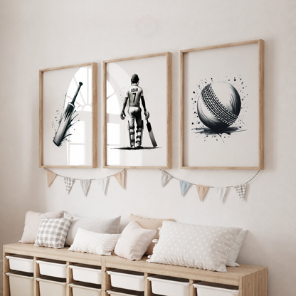 Personalised Cricket Wall Art Set – Cricket Bat, Player & Ball Sports Prints