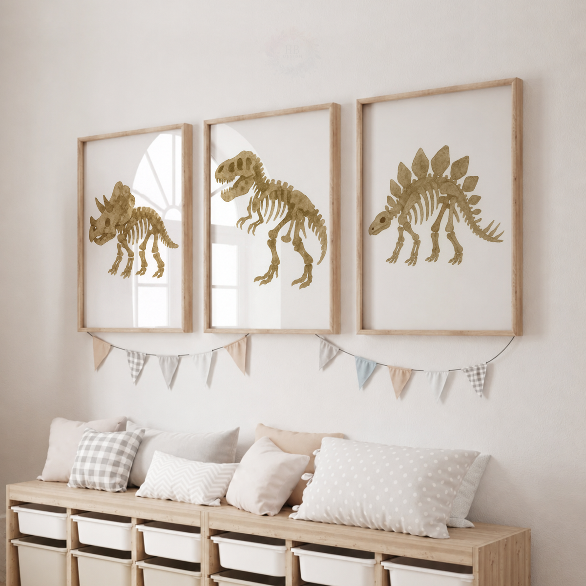 Dinosaur Fossil Nursery Prints Set – T-Rex Triceratops & Stegosaurus Wall Art