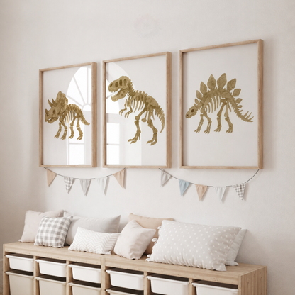 Dinosaur Fossil Nursery Prints Set – T-Rex Triceratops & Stegosaurus Wall Art