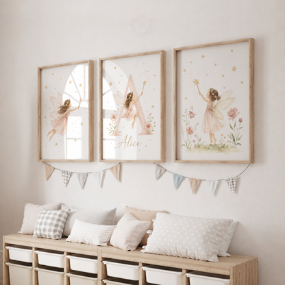 Personalised Fairy Nursery Prints – Pink Floral Initial & Fairy Wall Art Set