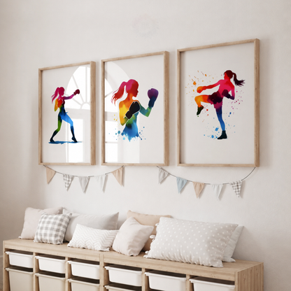 Girls Boxing Wall Art Set – Colourful Watercolour Female Boxer Prints