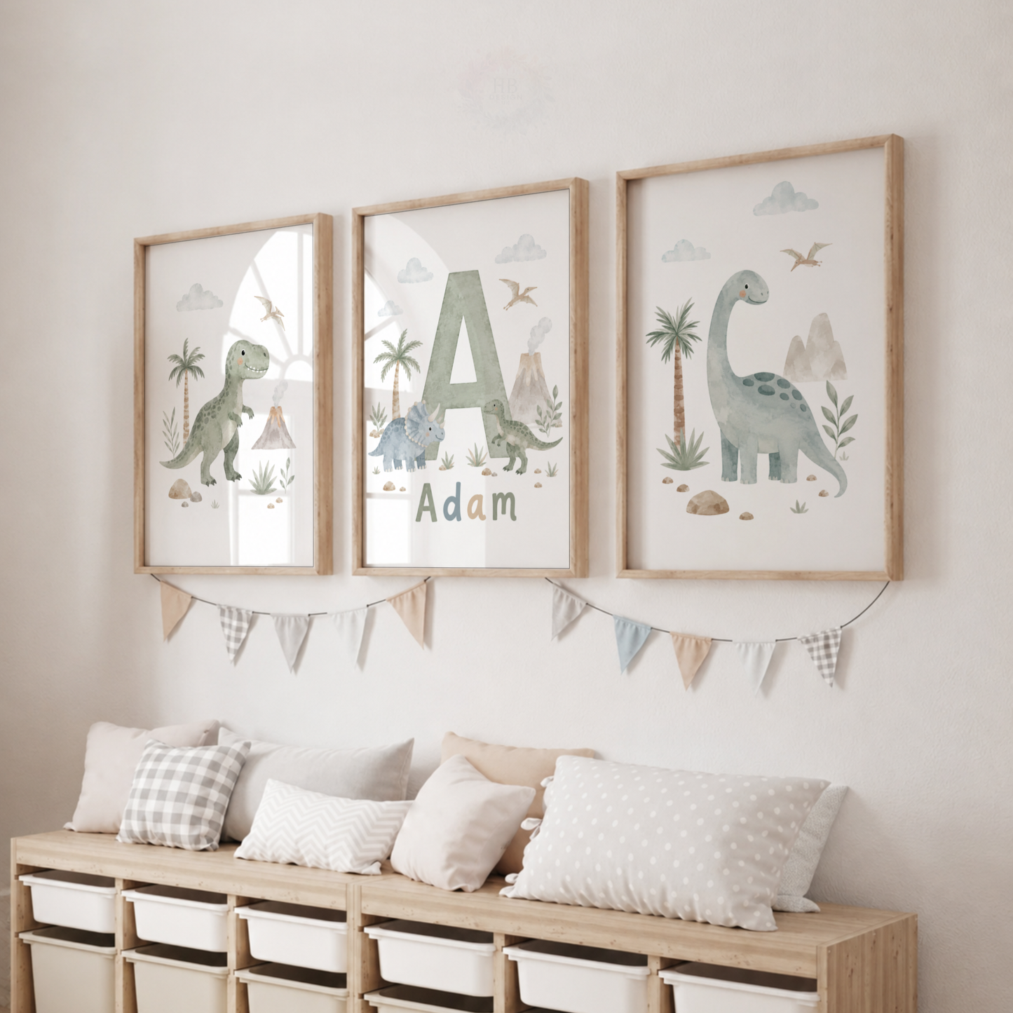 Personalised Dinosaur Nursery Prints – Set of 3 Watercolour Dino & Name Wall Art