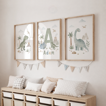 Personalised Dinosaur Nursery Prints – Set of 3 Watercolour Dino & Name Wall Art