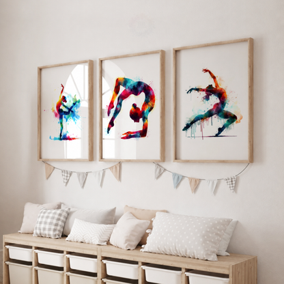 Gymnastics Wall Art Set – Colourful Watercolour Gymnast Prints for Girls’ Bedroom