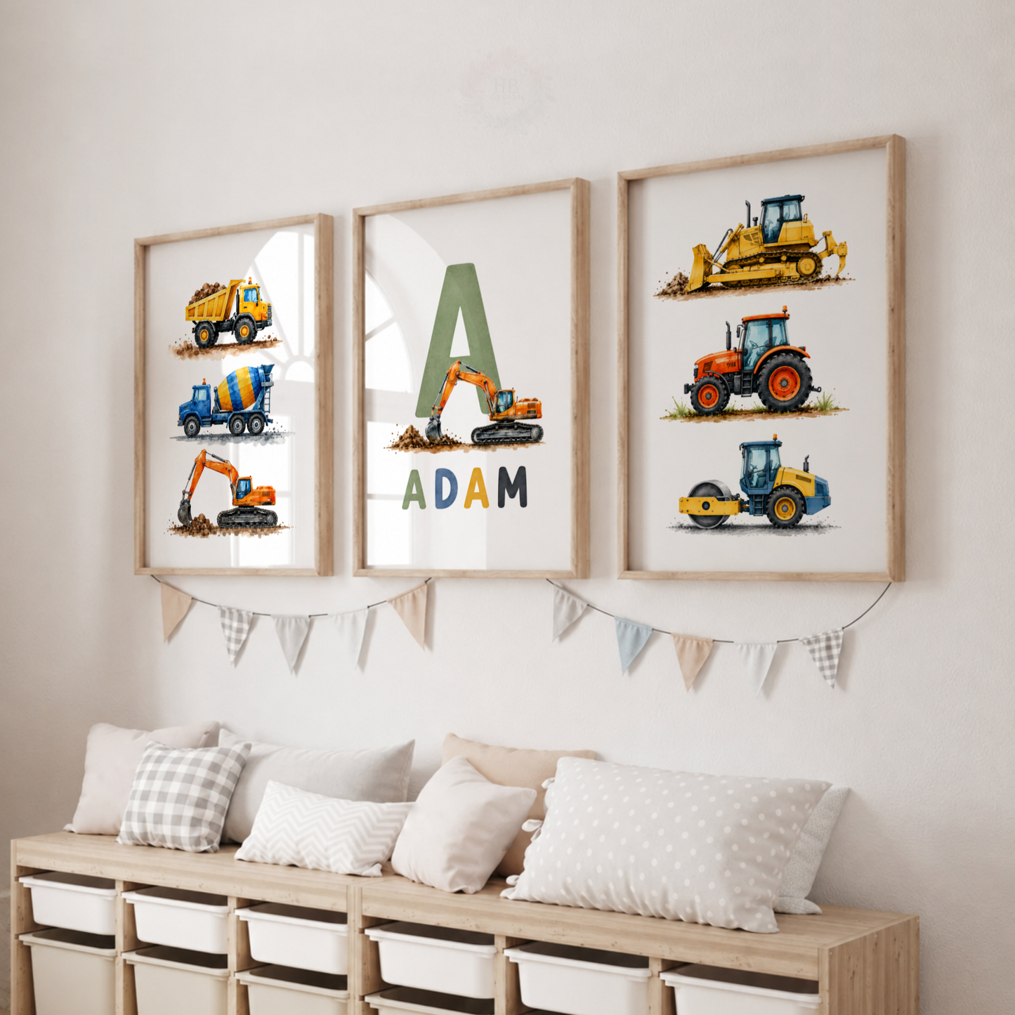 Dig & Build – Personalised Set of 3 Construction Vehicle Nursery Prints