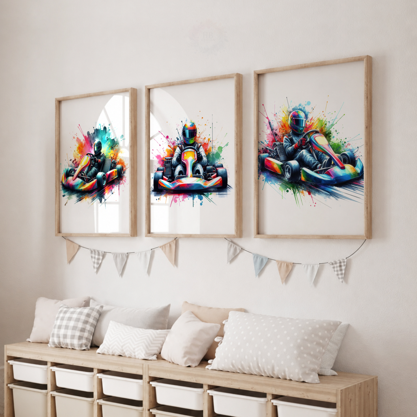 Go Kart Racing Watercolor Wall Art Set – Colourful Karting Driver Sports Prints