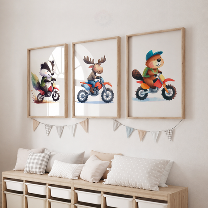 Woodland Animals on Motorbikes Nursery Prints Set – Badger Moose & Beaver Wall Art