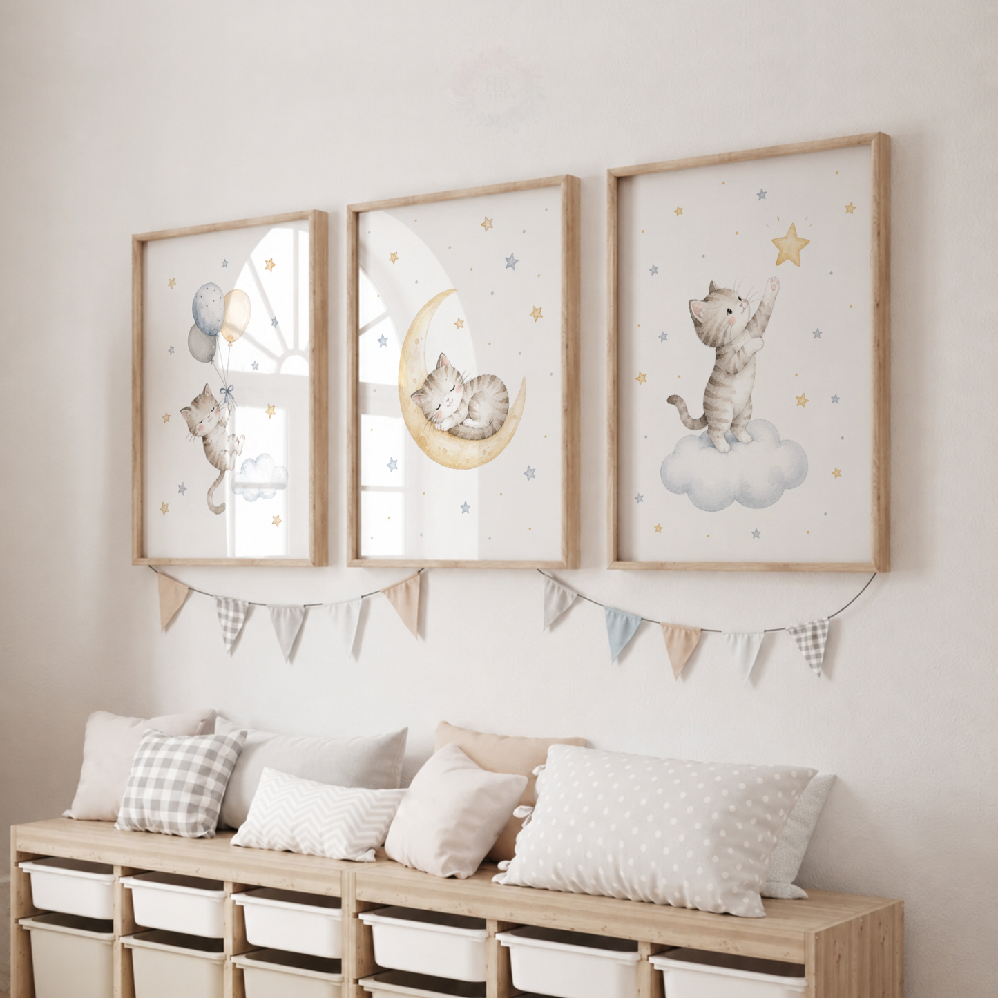 Cute Cat Nursery Prints – Set of 3 Moon, Stars & Balloon Kitten Wall Art