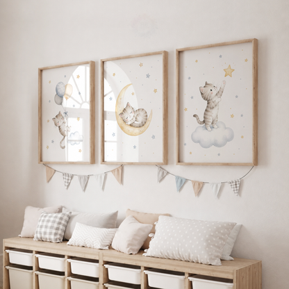 Cute Cat Nursery Prints – Set of 3 Moon, Stars & Balloon Kitten Wall Art