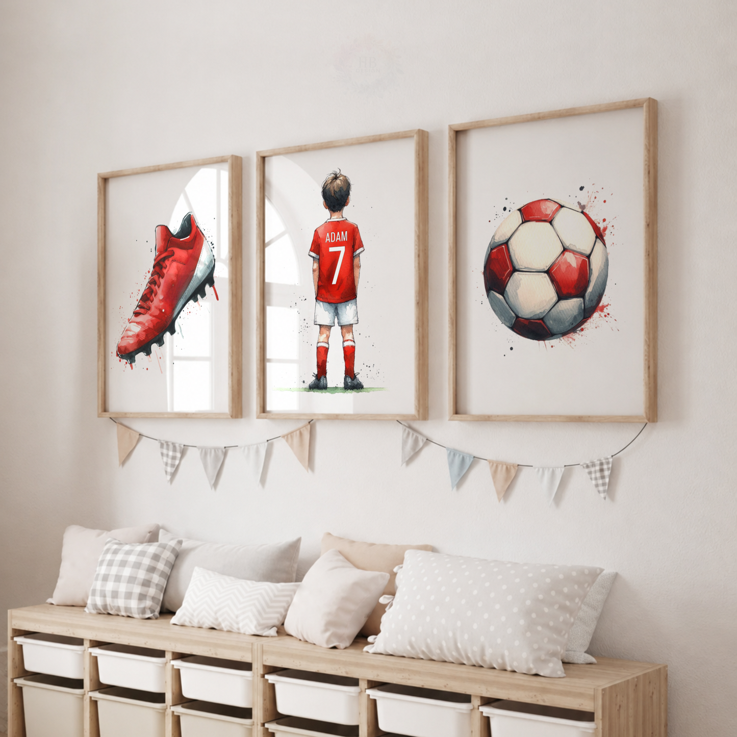 Personalised Football Boy Watercolor Wall Art Set – Custom Name & Number Football Prints