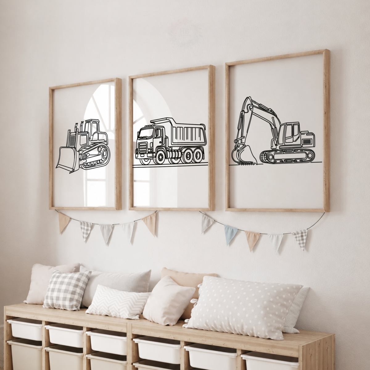 Construction Vehicle Line Art Prints Set – Bulldozer, Dump Truck & Excavator Wall Art