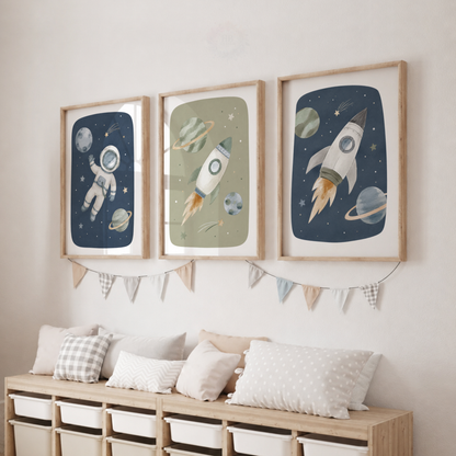 Space Nursery Wall Art Set – Astronaut & Rocket Prints