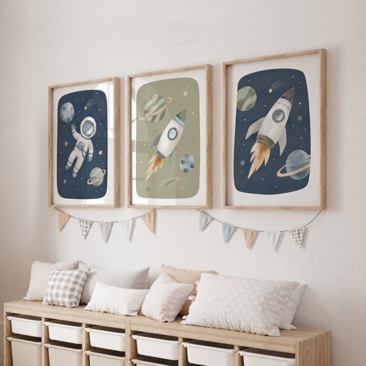 Space Nursery Wall Art Set – Astronaut & Rocket Prints