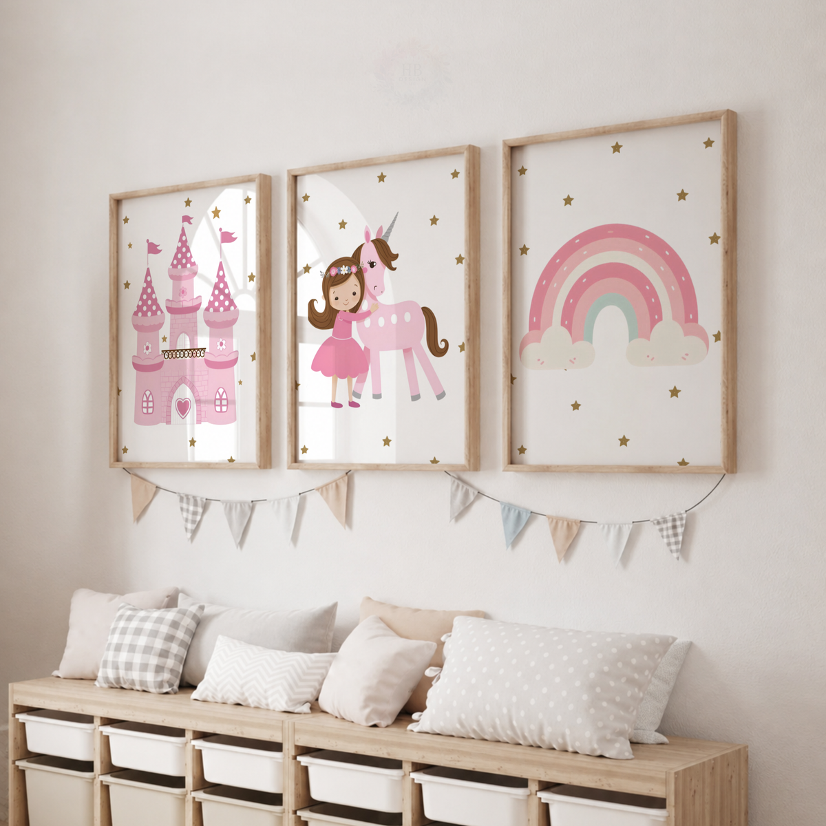 Princess Unicorn Wall Art Set – Pink Castle & Rainbow Nursery Prints