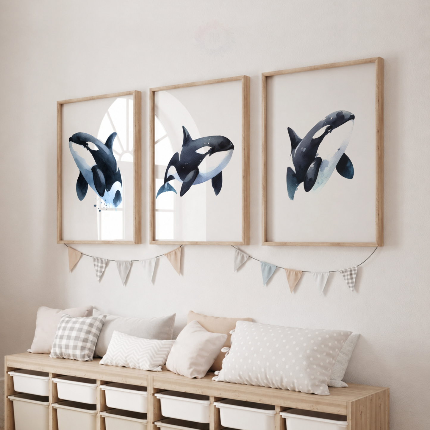 Orca Whale Watercolor Wall Art Set – Killer Whale Ocean Nursery Prints