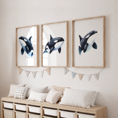 Orca Whale Watercolor Wall Art Set – Killer Whale Ocean Nursery Prints