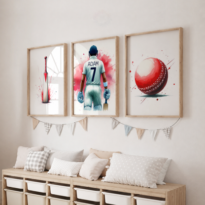Personalised Cricket Watercolor Wall Art Set – Cricket Bat, Player & Ball Sports Prints