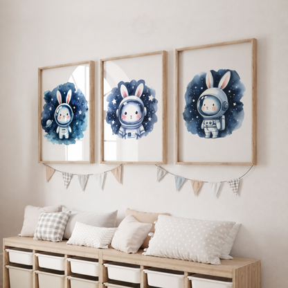 Watercolor Bunny Astronaut Nursery Prints Set – Space Rabbit Wall Art