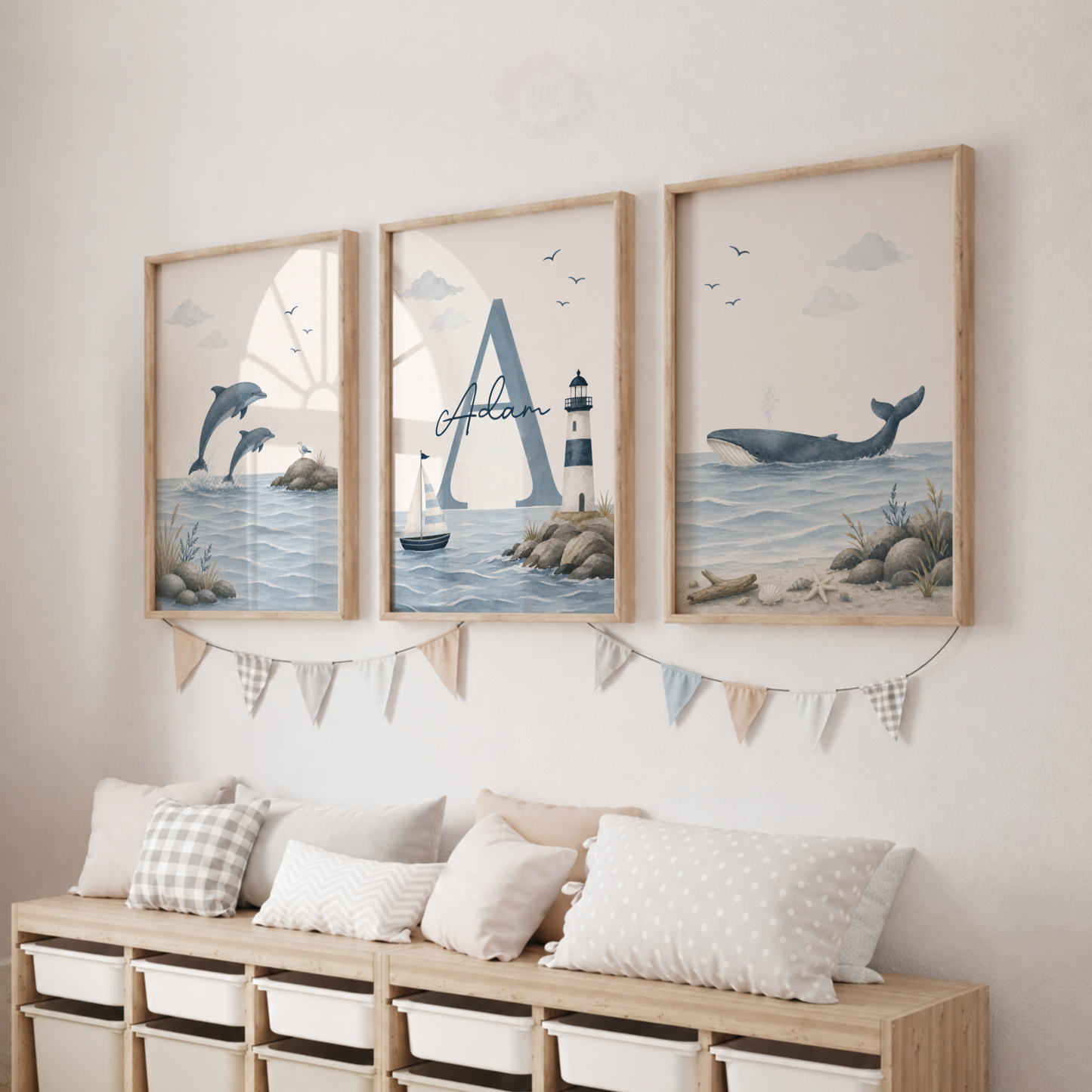 Personalised Ocean Nursery Prints – Set of 3 Watercolour Coastal Wall Art