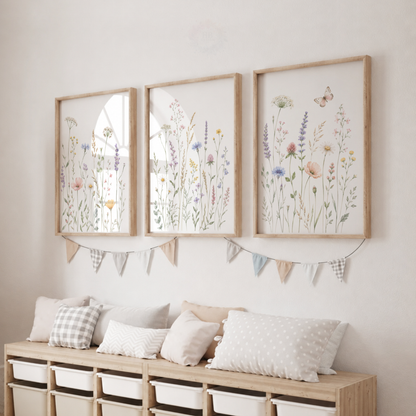 Wildflower Wall Art Set – Pastel Botanical Meadow & Butterfly Prints