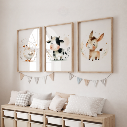 Farm Animal Nursery Prints Set – Duck, Cow & Donkey Watercolour Wall Art