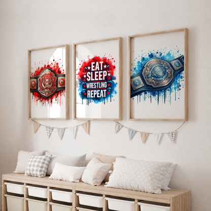 Wrestling Watercolor Wall Art Set – Championship Belts & Eat Sleep Wrestling Repeat Prints