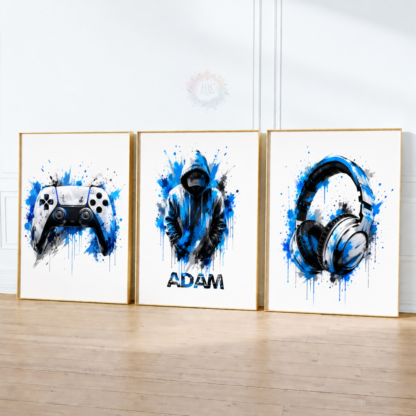 Personalised Blue Gaming Wall Art Set – Gamer, Controller & Headphones Prints
