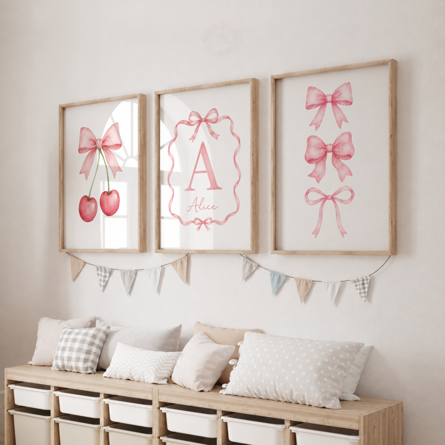 Personalised Pink Bow & Cherry Wall Art Print Set – Custom Name & Initial