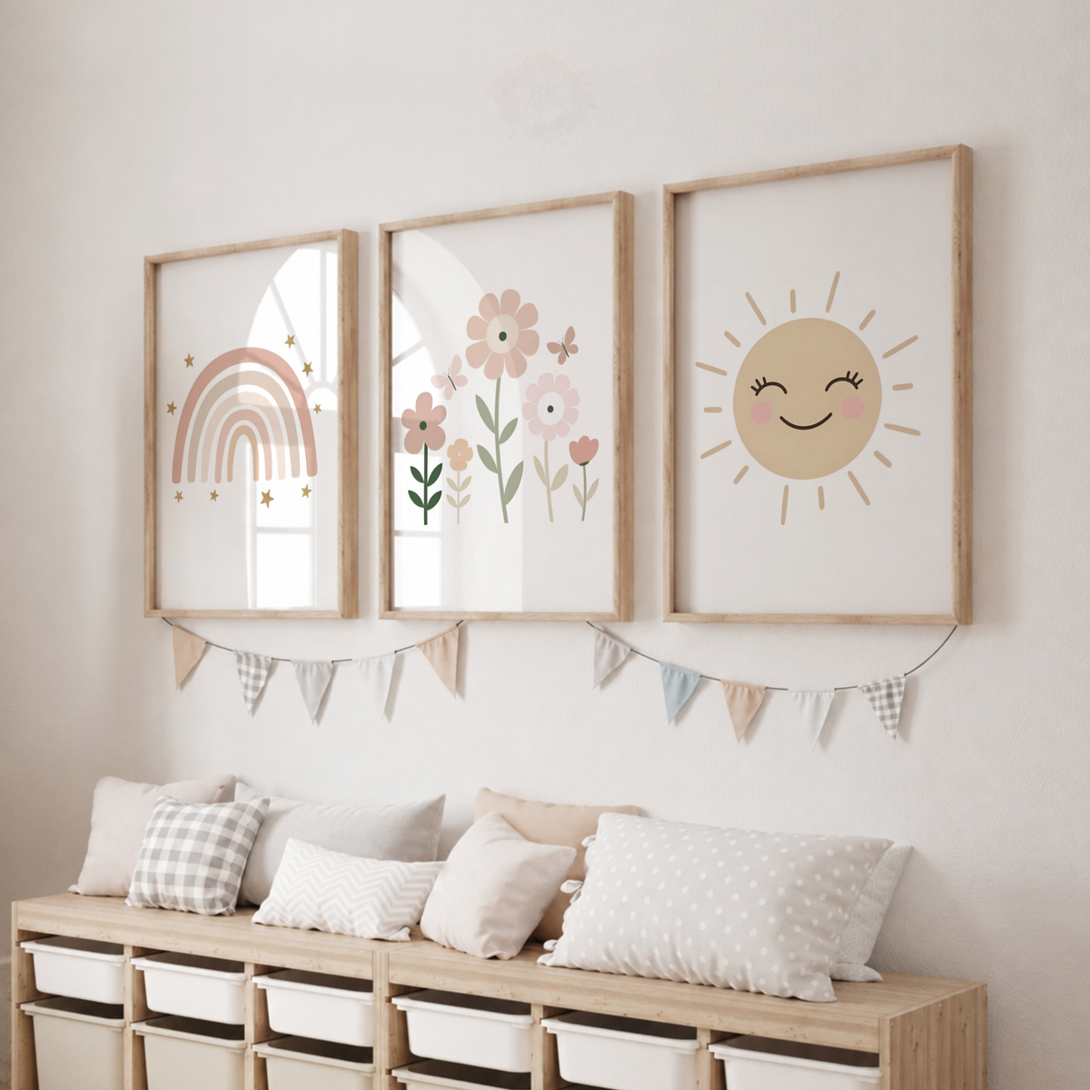 Girls Rainbow Flower Wall Art Set – Boho Nursery & Bedroom Prints