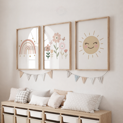 Girls Rainbow Flower Wall Art Set – Boho Nursery & Bedroom Prints