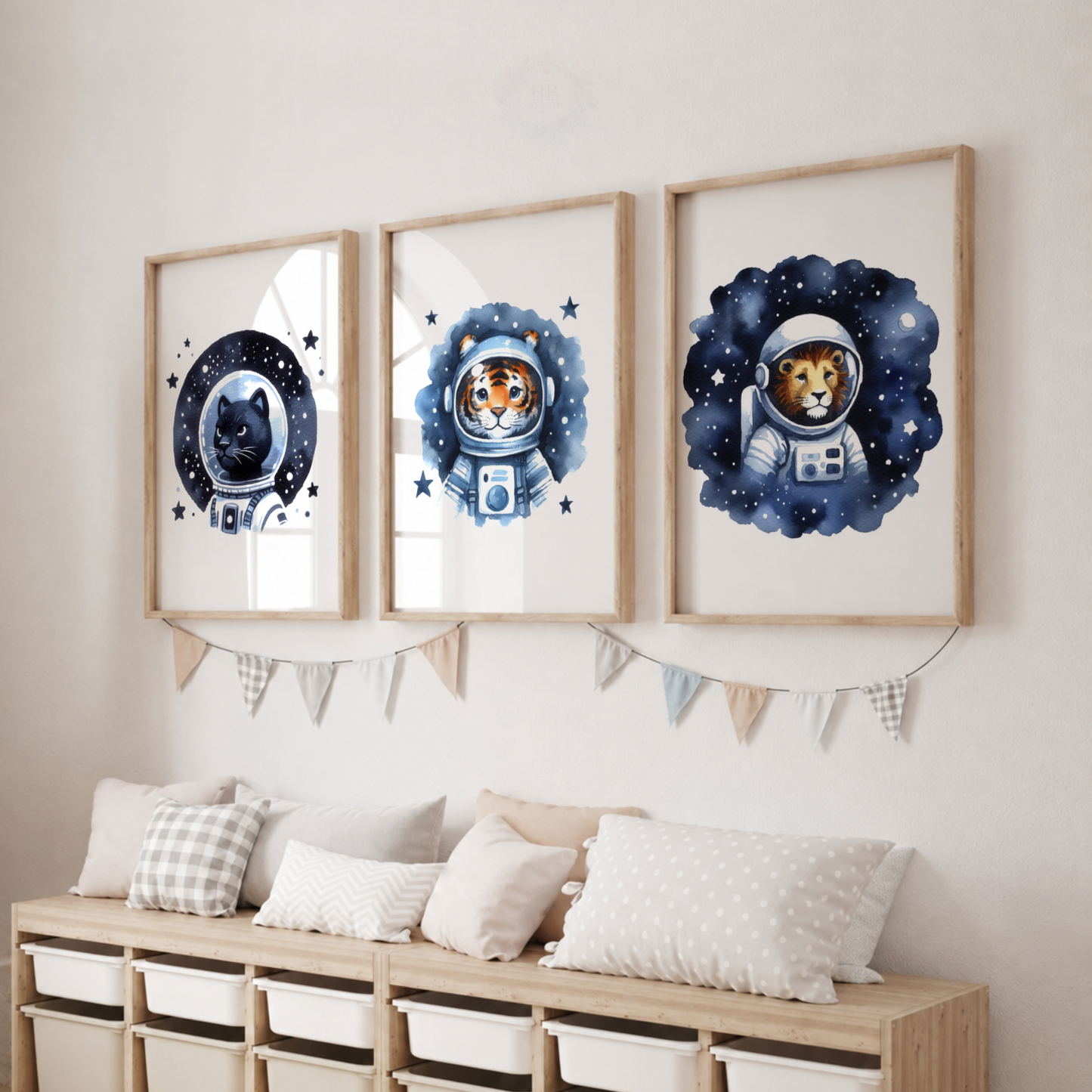 Watercolor Space Animals Nursery Prints Set – Cat Tiger & Lion Astronaut Wall Art