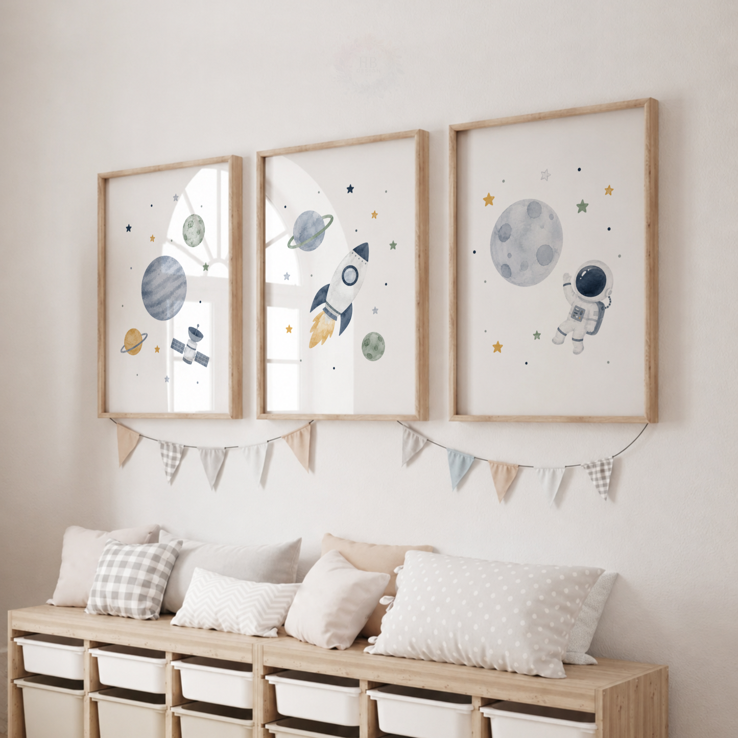 Space Nursery Wall Art Set – Rocket, Astronaut & Planet Prints