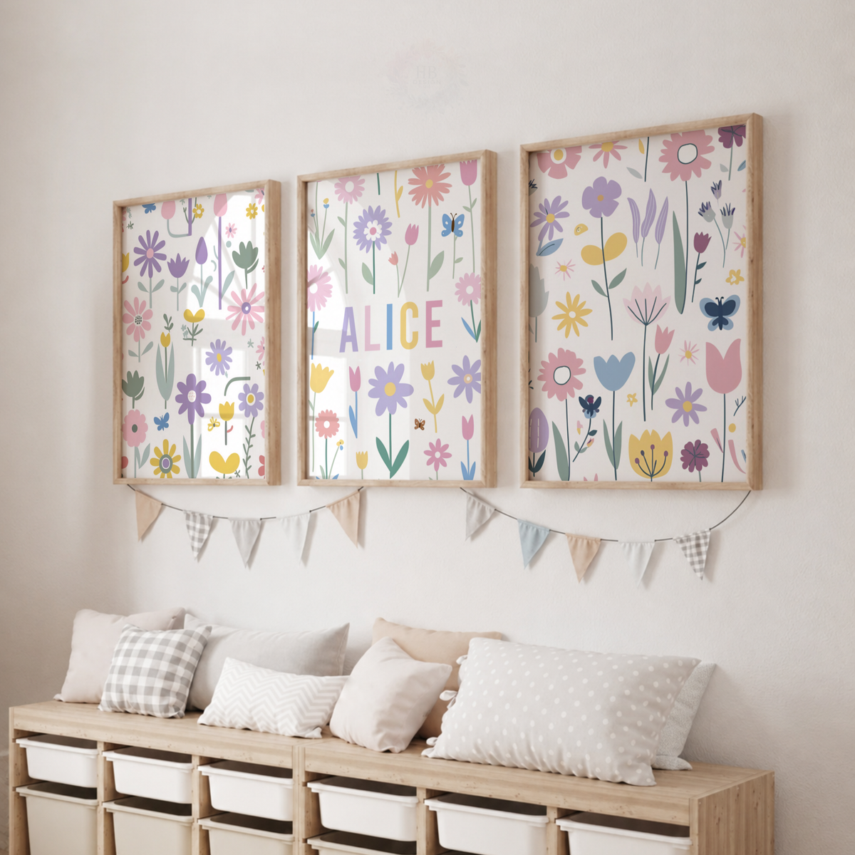Personalised Floral Wall Art Set – Colourful Wildflower Name Prints