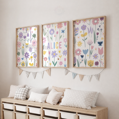 Personalised Floral Wall Art Set – Colourful Wildflower Name Prints