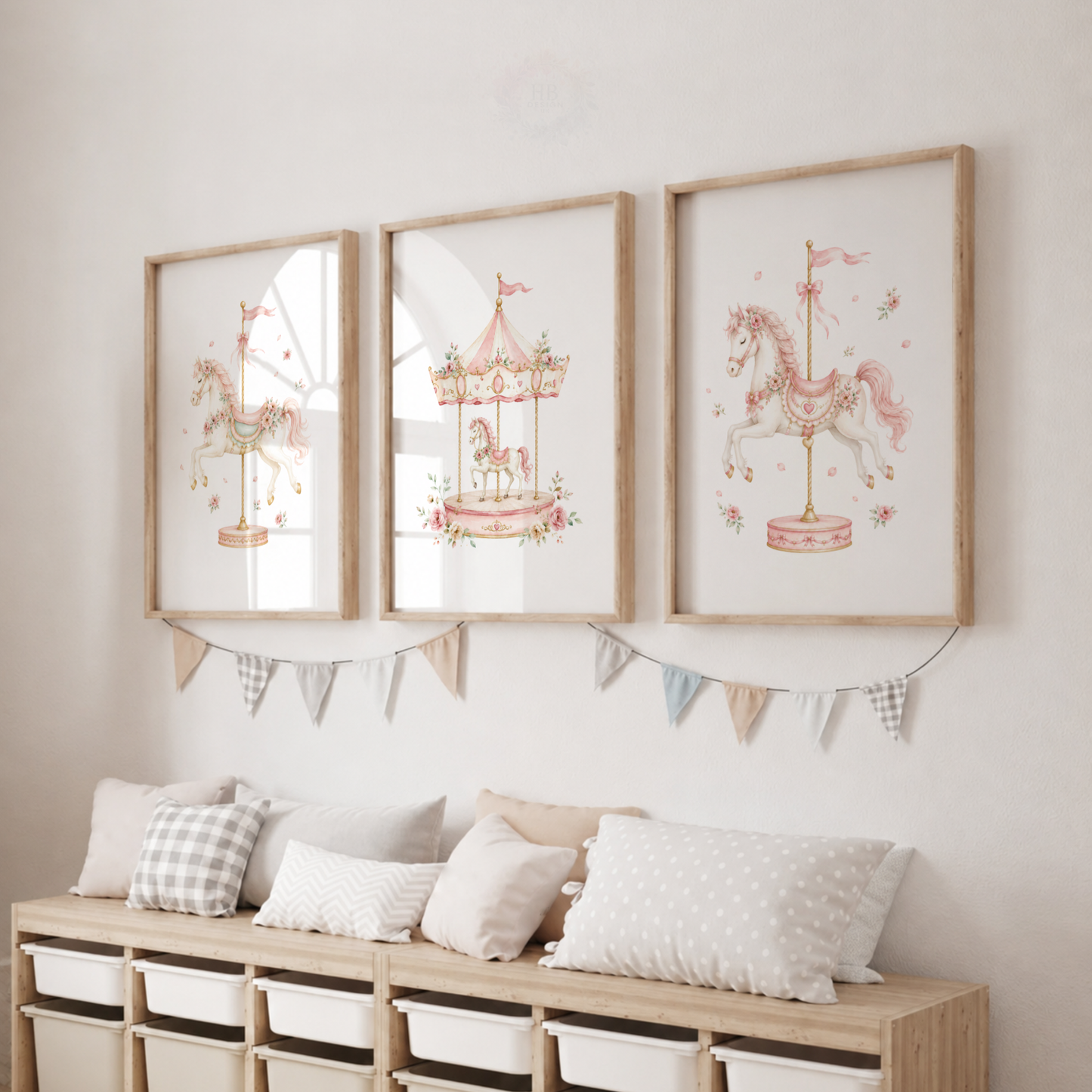 Pink Carousel Horse Nursery Prints – Set of 3 Floral Fairground Wall Art
