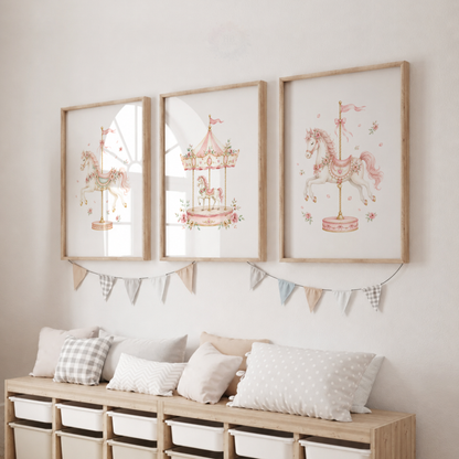 Pink Carousel Horse Nursery Prints – Set of 3 Floral Fairground Wall Art