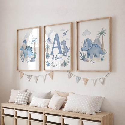 Personalised Blue Dinosaur Nursery Prints – Set of 3 Watercolour Dino & Name Wall Art